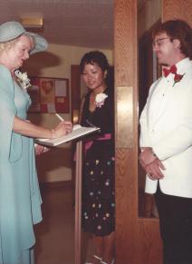 Mary Ann greets guests at my wedding